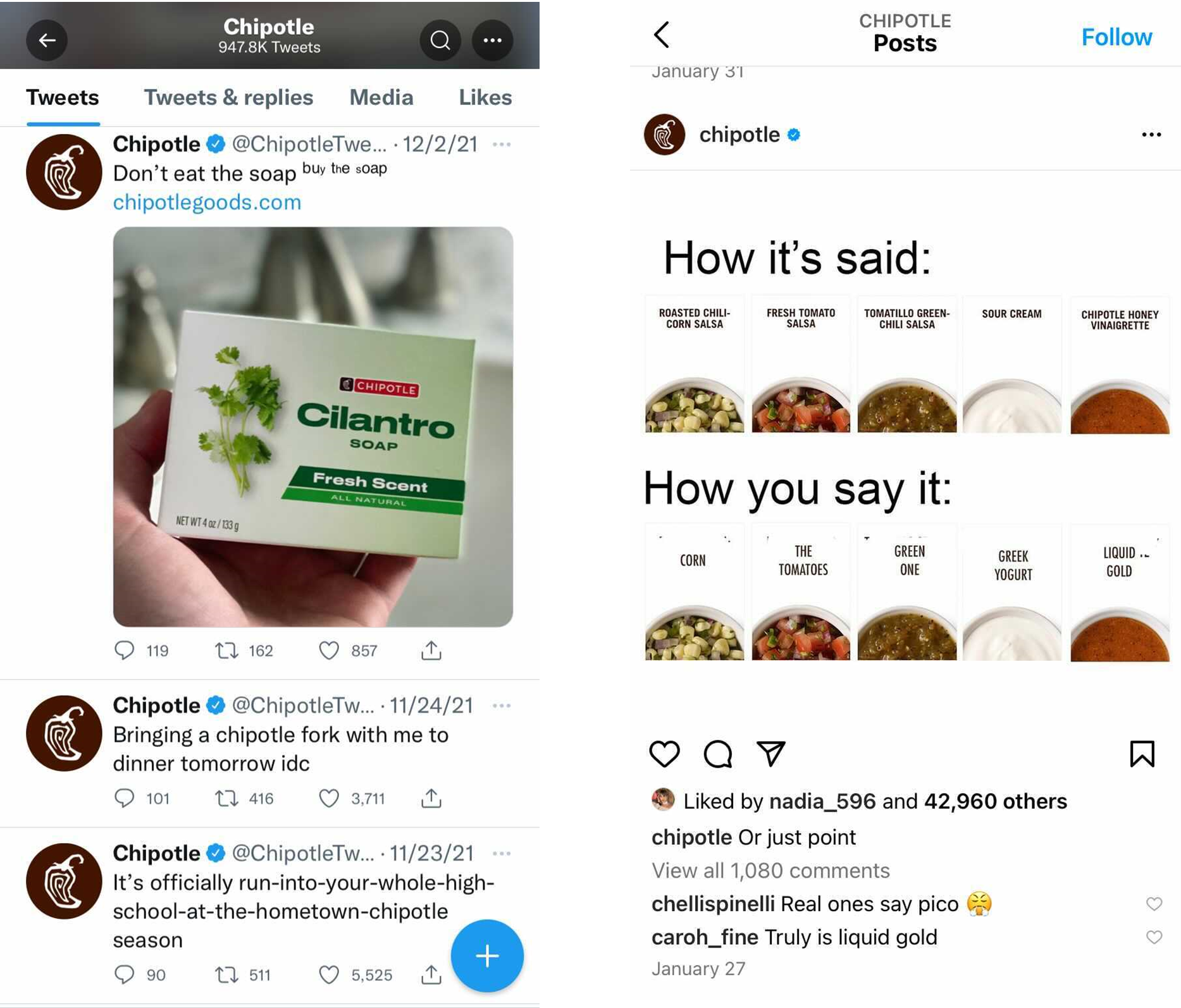 Screen capture of various tweets from Chipotle that are humorous and target a younger audience