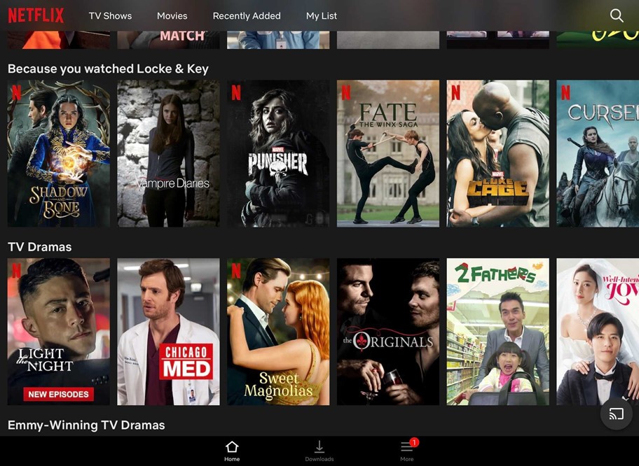 Screen capture of Netflix recommendations in their platform under the categories "Because you watched Locke & Key" and "TV Dramas"