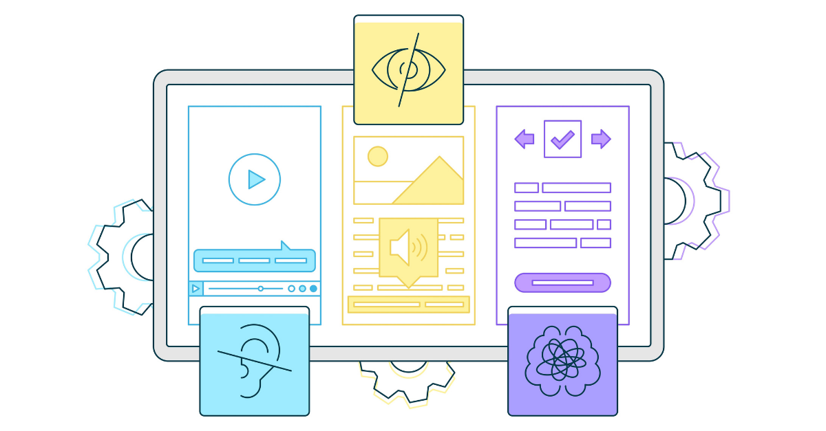 Illustration of a desktop computer with different website elements on the screen and icons of an ear and eye with lines through them, with cogs in the background