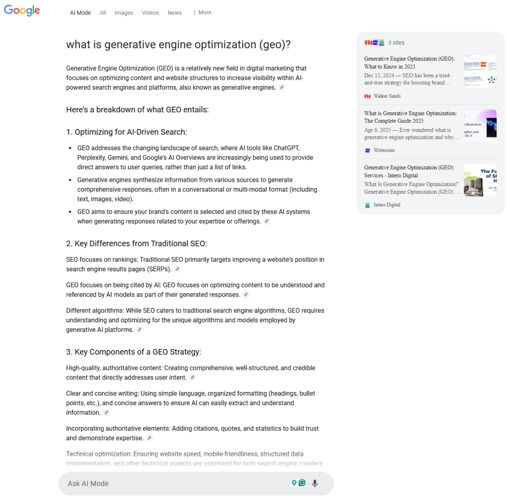 Screenshot of Google's AI Mode answering What is GEO.