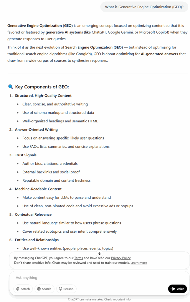Screenshot of ChatGPT answering What is GEO.