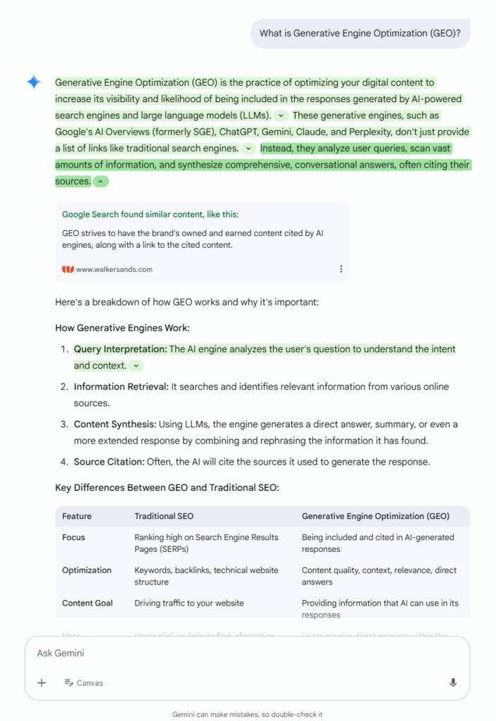 Screenshot of Gemini answering What is GEO.