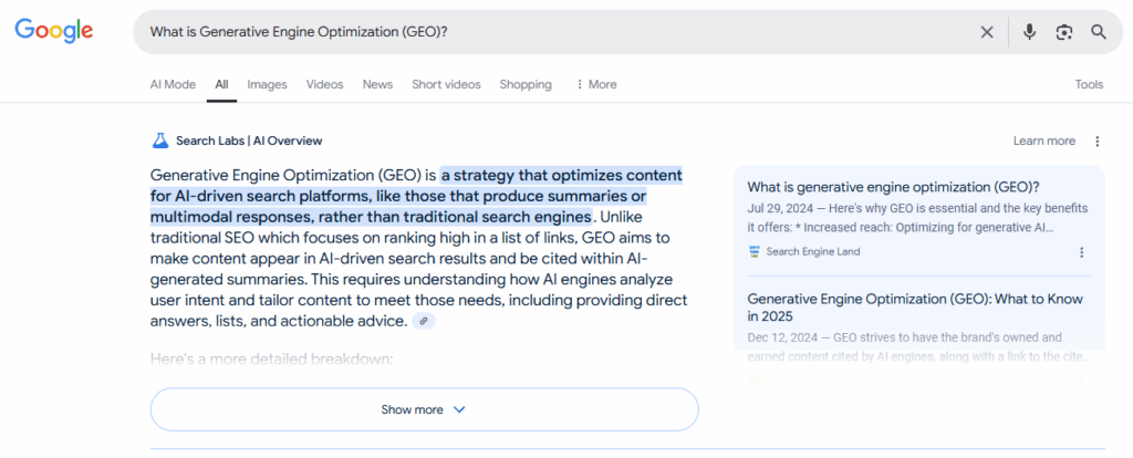Screenshot of Google's AI Overview condensed answering What is GEO.