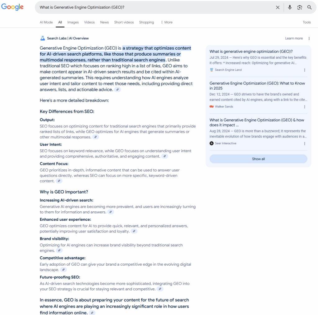 Screenshot of Google's AI Overview expanded answering What is GEO.