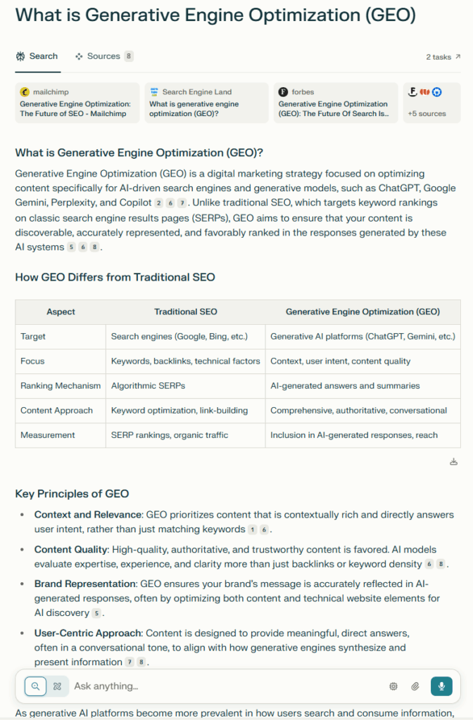 Screenshot of Perplexity answering What is GEO.